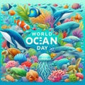 a poster with the world\'s oceans and corals, fishes.