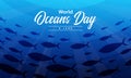 World ocean day text on a group of mackerel swimming under the ocean vector design