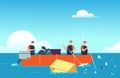 World ocean pollution. People in boat collecting plastic garbage in sea. Polluted water enviroment cartoon vector Royalty Free Stock Photo