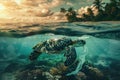 World ocean pollution, Turtle and plastic bags underwater. Generative AI Royalty Free Stock Photo