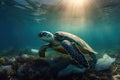 World ocean pollution, Turtle and plastic bags underwater. Generative AI Royalty Free Stock Photo