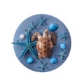 World oceans day background with shells, starfishes and turtle on blue sand. Top view.