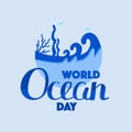 World Oceans Day. Banner holiday vector. Underwater world, fish, algae, octopus, corals