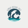 World Oceans Day concept card background with wave and dolphins.