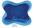 World oceans day concept with wildlife under sea,coral reef,algae and dolphines on paper cut style