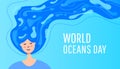 World Oceans Day concept. Young girl with gassed gases and developing hair in the form of oceans, river and lake on blue