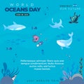 World oceans day design with underwater ocean, dolphin, shark, coral