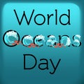 World Oceans Day greeting card template with text, waves and fish over blue background. Royalty Free Stock Photo