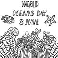 World oceans day 8 June. Black and white digital vector illustration Royalty Free Stock Photo