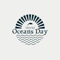 World Oceans Day modern concept monochrome logo with waves, sun and dolphins.