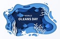 World Oceans Day paper cut sea background. 8 june paper craft summer poster. Vector cartoon underwater ocean coral reef