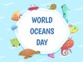 World oceans day poster. Save water background. Sea wild animals vector illustration