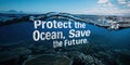 World oceans day. Text appears over the sea Protect the Ocean, Save the Future, banner, copy space Royalty Free Stock Photo