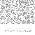 World oceans day theme black and white banner - pictograms of fish, shell, shark, dolphin, turtle and other sea creatures related