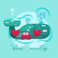 World Oceans Day underwater save marine life earth blue whale crab greeting card poster vector