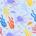 World Oceans Day. The vector pattern. Underwater world, fish, algae, octopus, corals