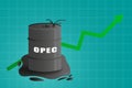 World oil price growth concept. Word OPEC on petroleum tank with green arrow vector illustration.