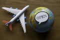 World open for tourism concept with a globe and a toy plane