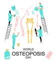 World Osteoporosis Day concept. People in medical clothes take care of human bones and skeletons.Doctors treat cartoon spine.Movem