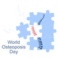 World Osteoporosis Day. Human spine with disease and pain.Fragile and broken bones.Skeleton falls apart by puzzles. Movement disab