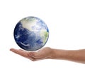 World in our hands. Man holding digital model of Earth on white background, closeup view Royalty Free Stock Photo