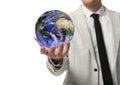 World in our hands. Man holding digital model of Earth on white background, closeup view Royalty Free Stock Photo