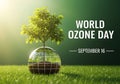 World ozone day poster with a tree growing inside a globe on green grass background with a dark green gradient Royalty Free Stock Photo