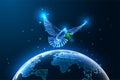 World peace concept with flying dove and planet Earth map from space in futuristic glowing style Royalty Free Stock Photo