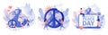 World Peace Day. Globe, white pigeon and hippie sign as a peace symbol. Tiny people live in love, calm and harmony Royalty Free Stock Photo