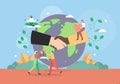 World peace. Planet Earth globe with multiracial handshake, flat vector illustration.