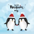 World Penguin Day, April 25, A pair of cute little penguins in love hold hands with red heart. Vector illustration animal family Royalty Free Stock Photo