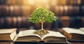 World philosophy day concept with tree of knowledge planting on opening old big book in library full with textbook stack piles of Royalty Free Stock Photo