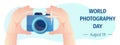 World Photography Day concept vector banner template with the camera and the photographers hands