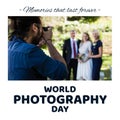 World photography day text and biracial male photographer taking wedding pictures Royalty Free Stock Photo