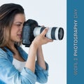 World photography day text on blue over biracial woman using camera