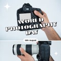 World photography day text in white over hand of caucasian man showing camera back, and zoom lens