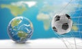 world planet earth globe with soccer ball soccer goal 3d-illustration. Elements of this image furnished by NASA