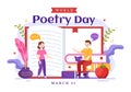 World Poetry Day on March 21 Illustration with a Quill, Paper or Typewriter for Web Banner or Landing Page in Cartoon Hand Drawn