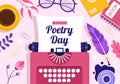 World Poetry Day on March 21 Illustration with a Quill, Paper or Typewriter for Web Banner or Landing Page in Flat Cartoon Hand