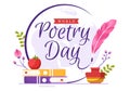 World Poetry Day on March 21 Illustration with a Quill, Paper or Typewriter for Web Banner or Landing Page in Flat Cartoon Hand