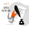 World poetry day, march 21. Vector illustration of a man holding a big feather and inkwell. Royalty Free Stock Photo