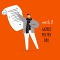 World poetry day, march 21. Vector illustration of man reciting a poem.