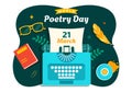 World Poetry Day Vector Illustration on March 21 with a Quill, Ink, Paper, Typewriter and Book to Writing in Literature