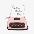 World Poetry Day. Vintage handwritten typewriter in doodle style with paper. Vector illustration