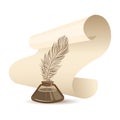 World Poetry Day, Writer\'s Day. A roll of parchment and an inkwell with a feather. Illustration