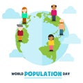 World Population Day, cartoon people, friendship on Earth globe, poster, template, vector illustration Royalty Free Stock Photo
