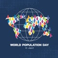 World Population Day - colorful group of people sign stand on world map and circle line globe sign on dark blue background vector