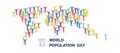 World Population Day - group of colorful people raise arms stand on dots map world vector design