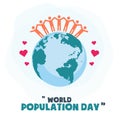 World Population Day, people friendship on Earth globe, poster, template, vector illustration Royalty Free Stock Photo