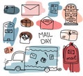 World Post Day, a collection of letters and parcels, a set of mailboxes, a car delivers mail, parcel delivery, a set of Royalty Free Stock Photo